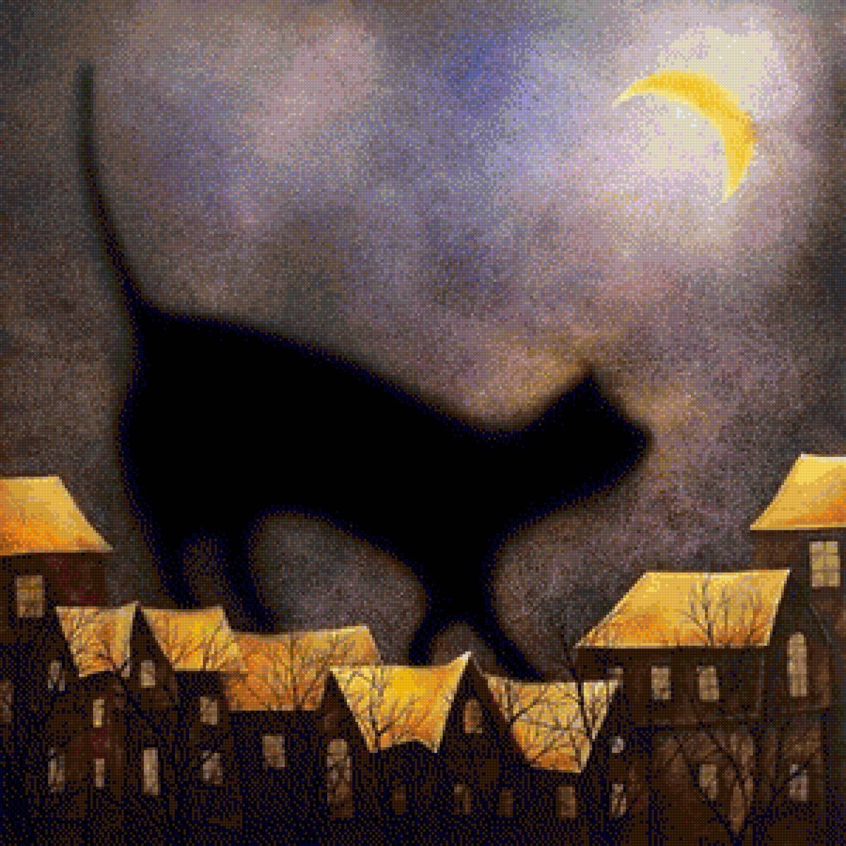 Черный кот идет по крыше