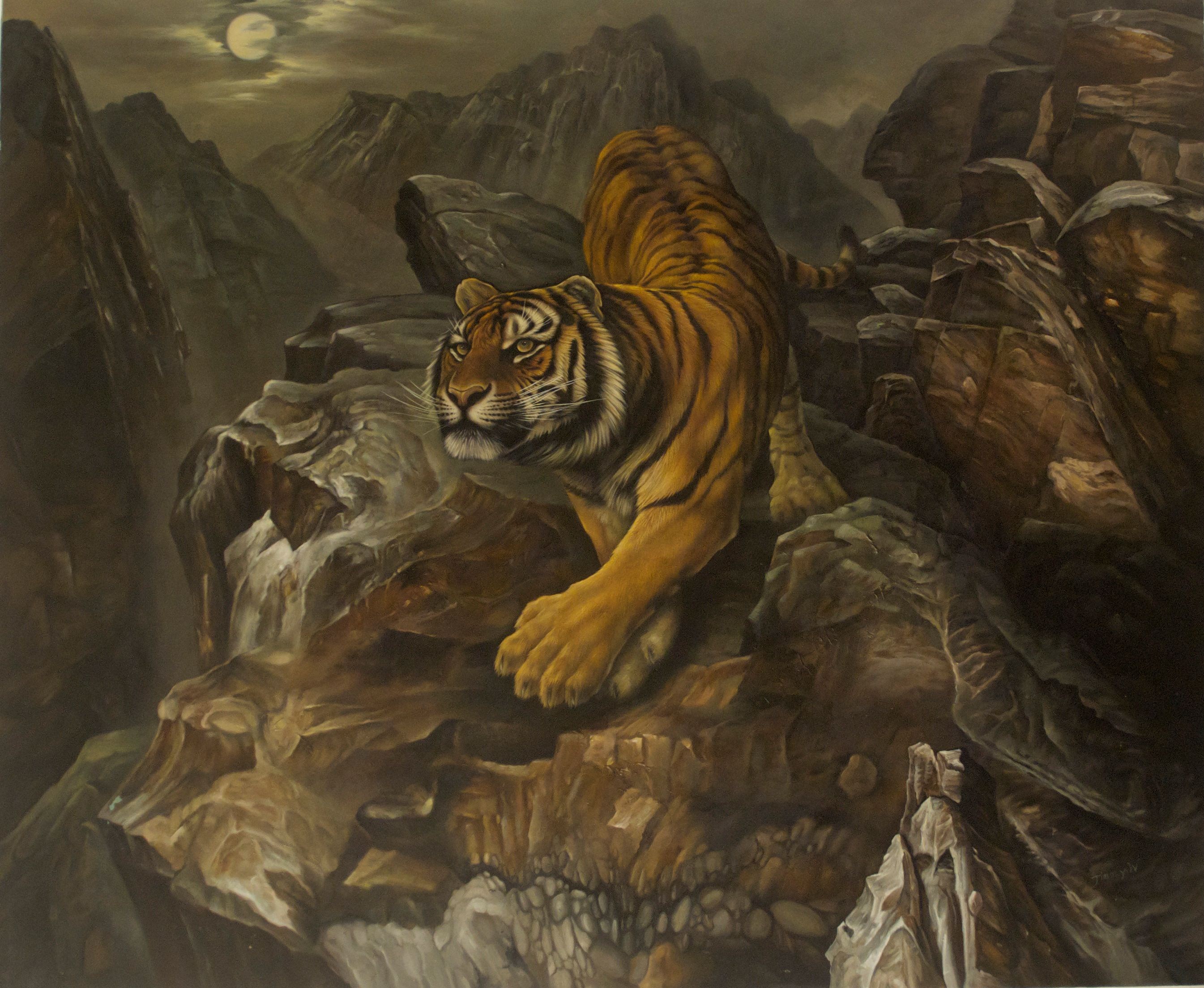 Тигр людоед. Тигры в мировой живописи. Тигр в горах арт. Охота тигров в живописи. Тигр в горах охота.