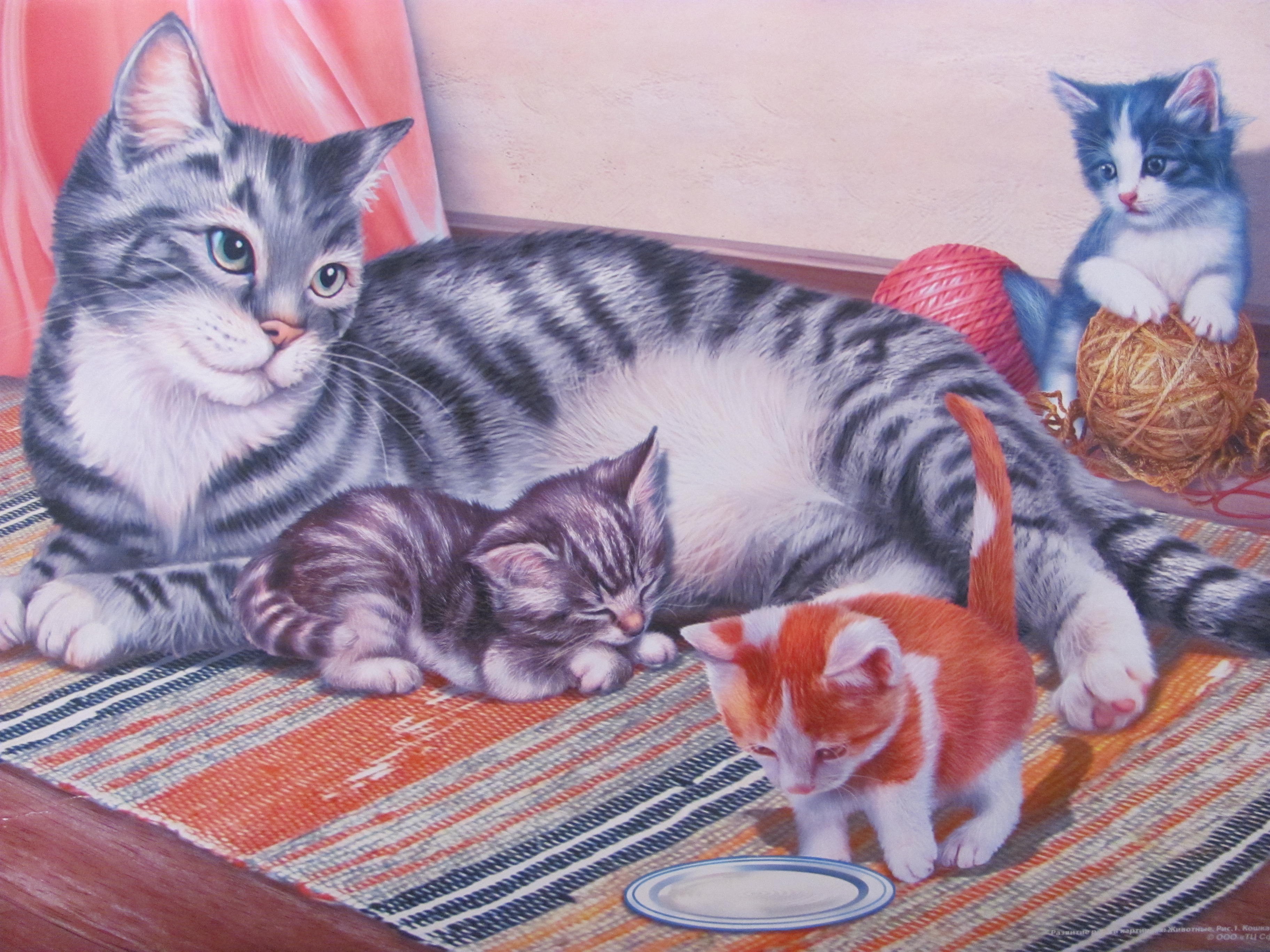 Звук кошки мамы котятам. Картина кошка с котятами Автор с Веретенникова. Кошка и котенок для детей. Картина для детей кошка с котятами. Сюжетная картина кошка с котятами.