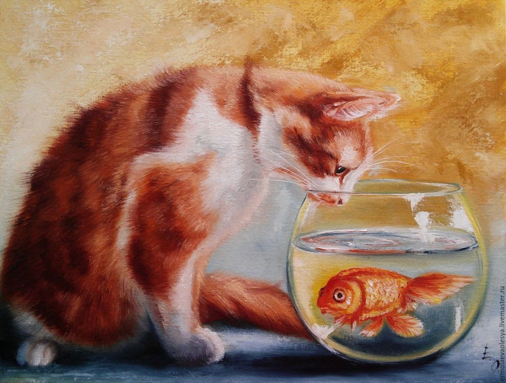 Кот с рыбой в зубах
