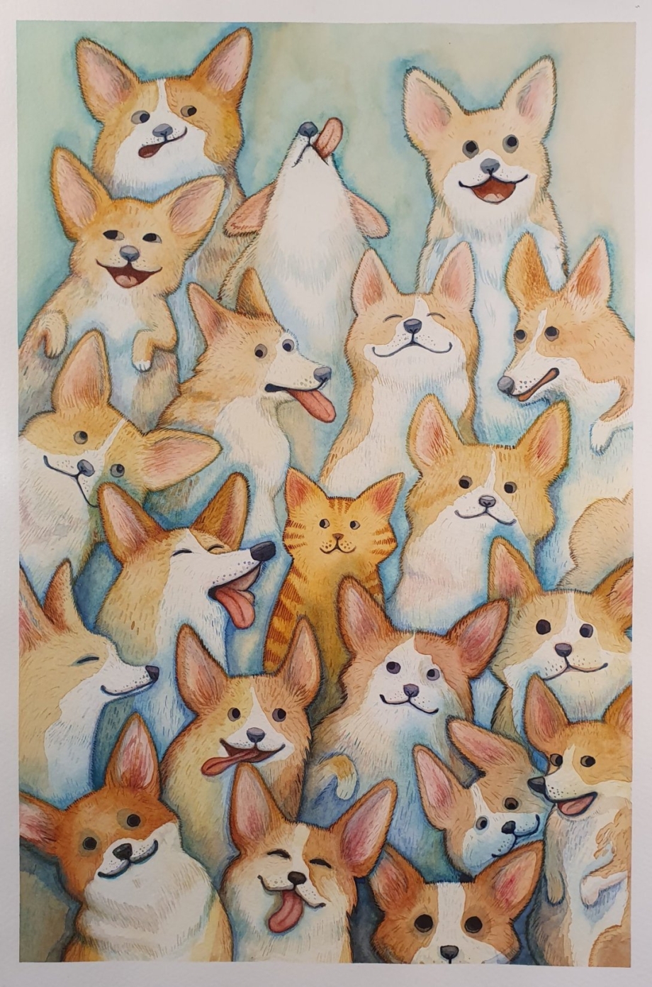Корги и котенок рисунок