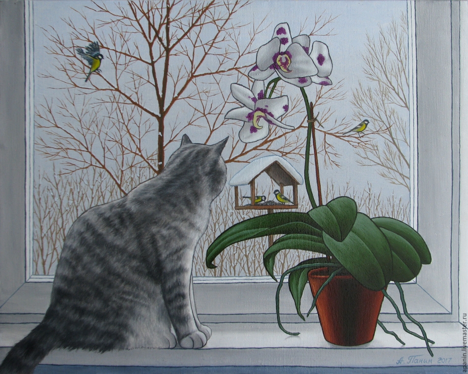 Кошка на подоконнике картина