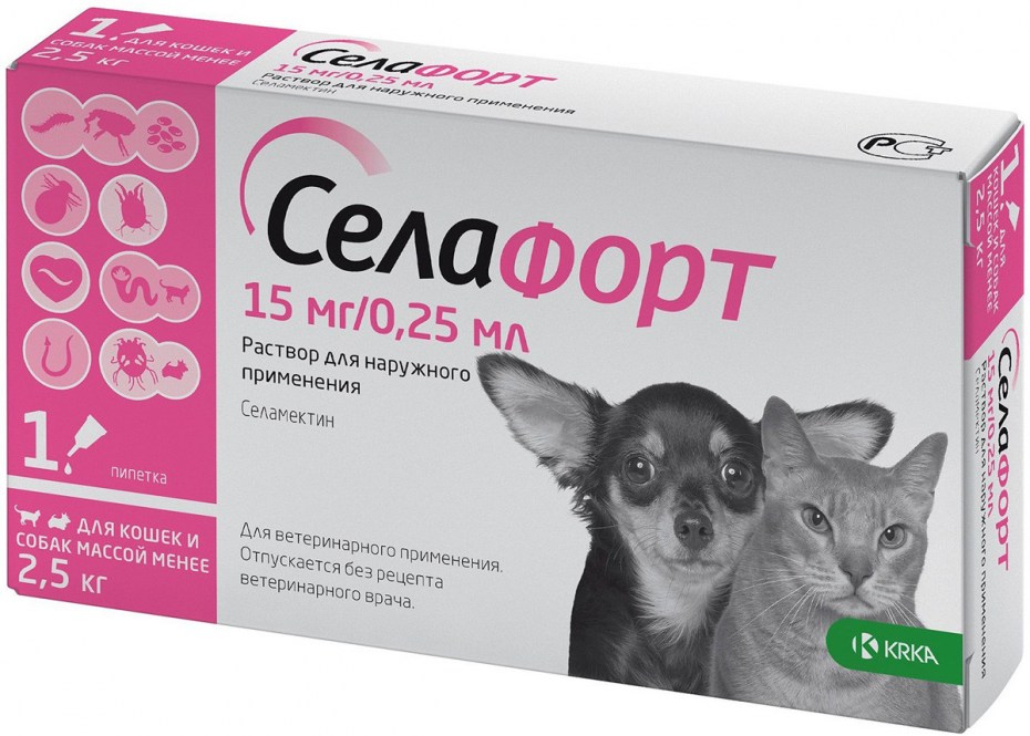 Селафорт (1пип*15мг/0,25мл) до 2,5кг капли на холку для кошек и собак