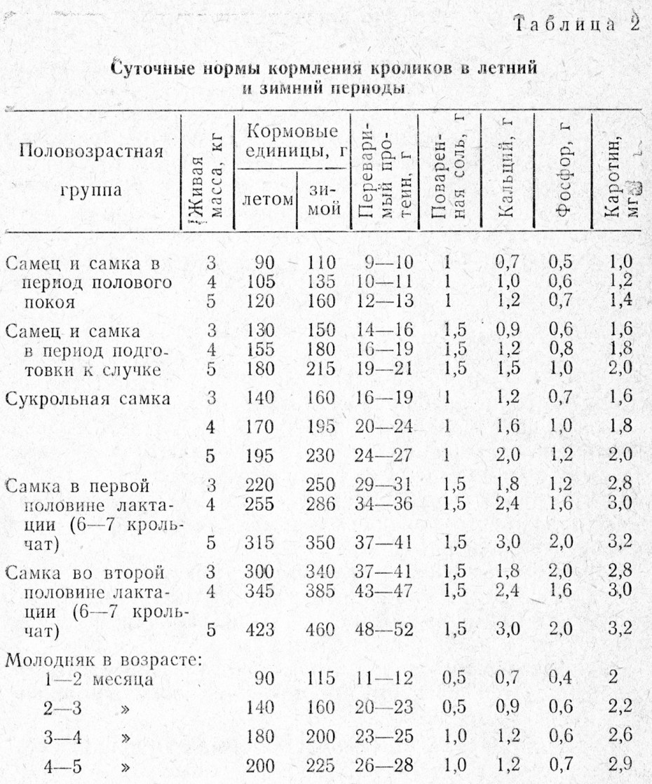 Суточный рацион кролика таблица