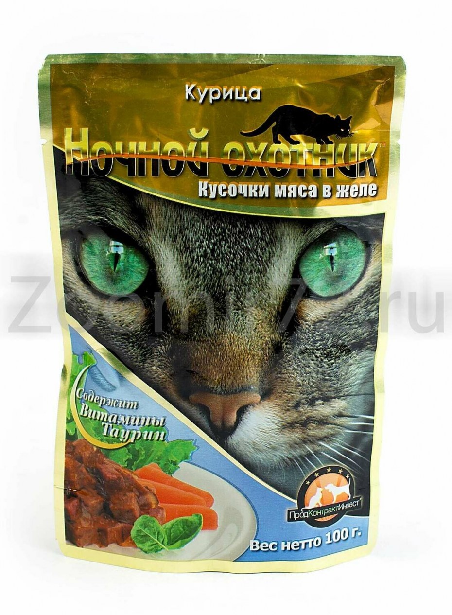 Корм для кошек ночной охотник кусочки мяса в желе курица (0.1 кг) 1 шт.