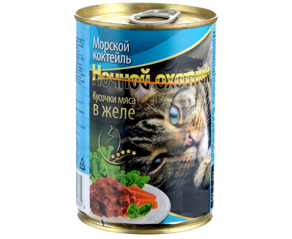 Ночной охотник консервы для кошек, морской коктейль в желе, 415гр.