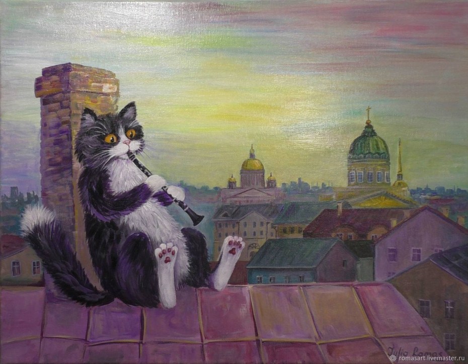 Кот на крыше живопись