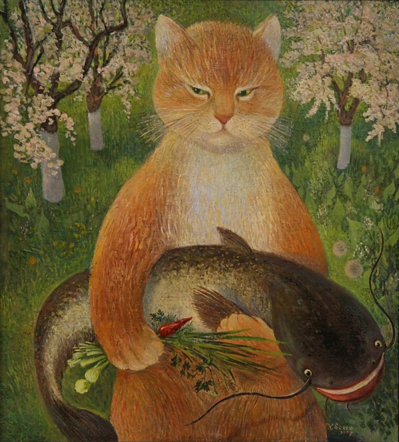 Рыжий кот с рыбой