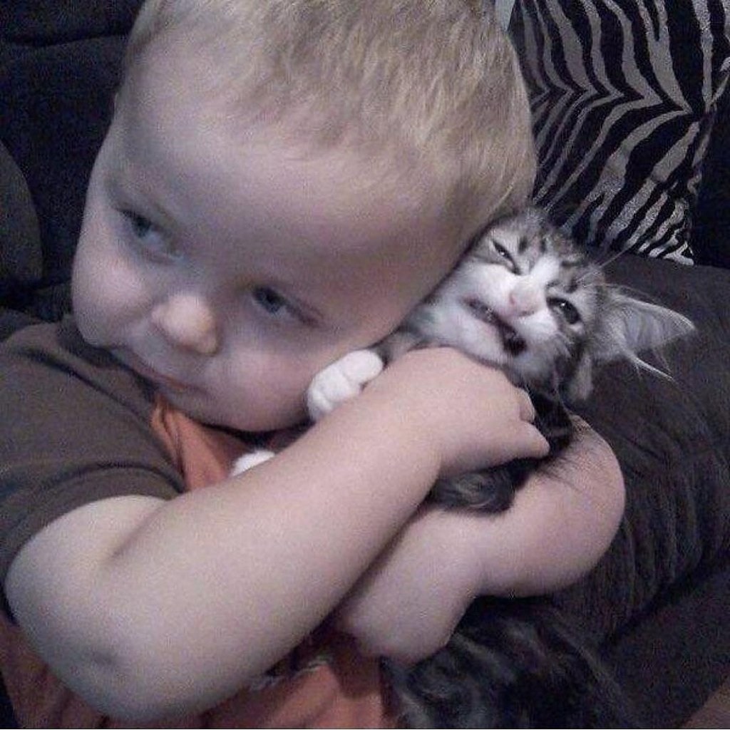 Ребенок обнимает кота
