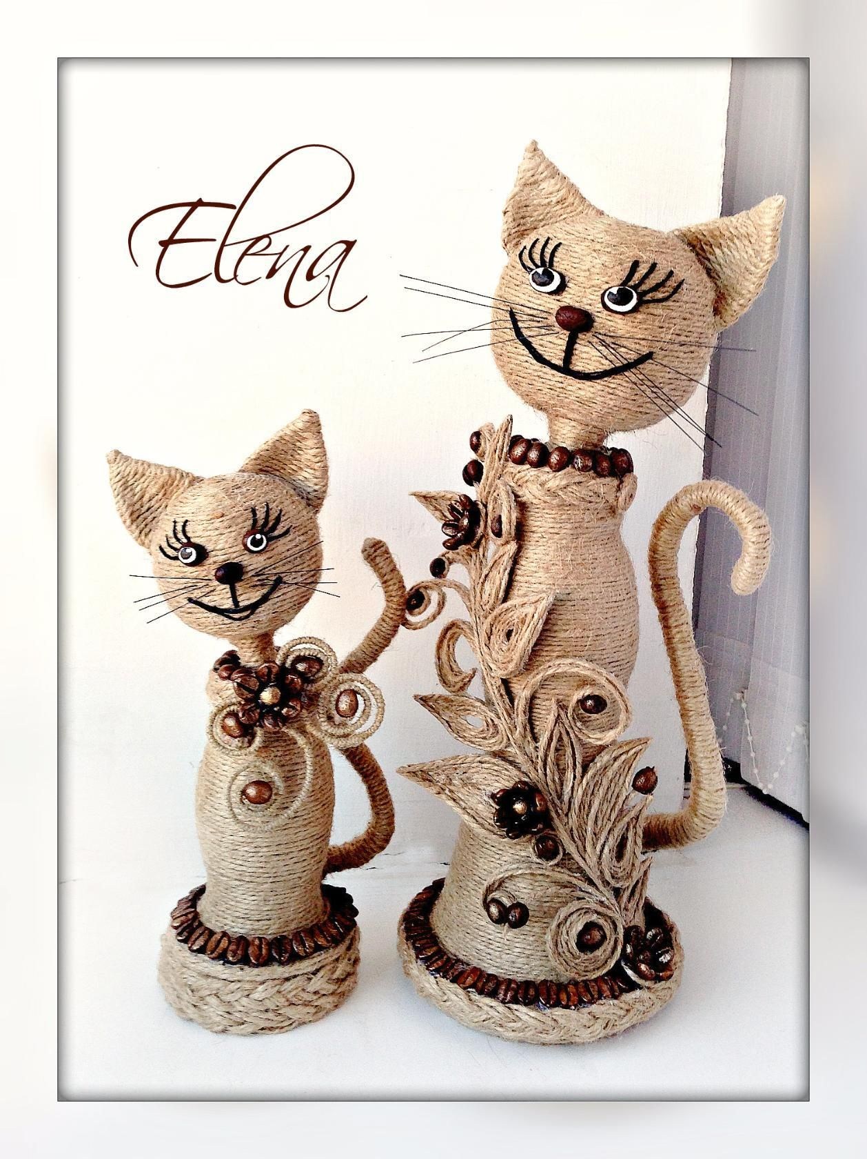 Сувенирные коты из джутового шпагата своими руками.