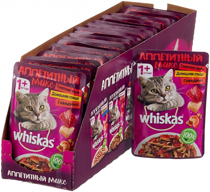 Корм для кошек Whiskas аппетитный микс для здоровья кожи и шерсти, с ягненком, с говядиной 24шт. Х 85 Г