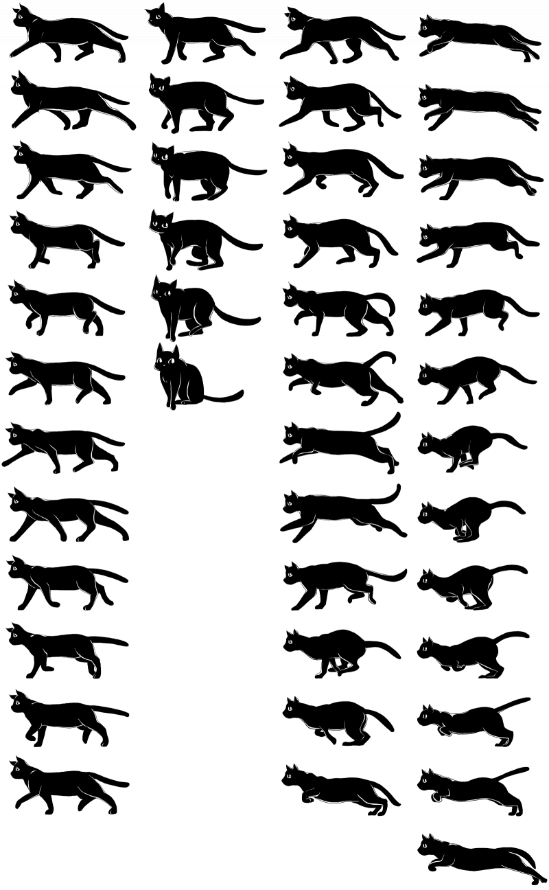 Покадровая перемотка. Спрайты. Бег кота по кадрам. Раскадродровка движнгий кота. Ходьба кошки по кадрам.