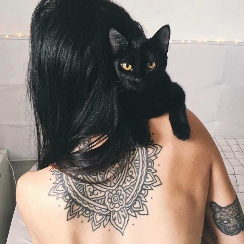 Брюнетка с черной кошкой