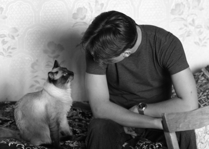 Парень сидит с котом