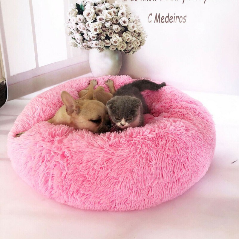 Pet Dog Cat Calming Bed Round Nest warm Soft Plush sleeping Bed Donut Cushion