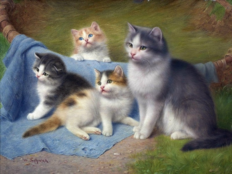 Кошка с тремя котятами