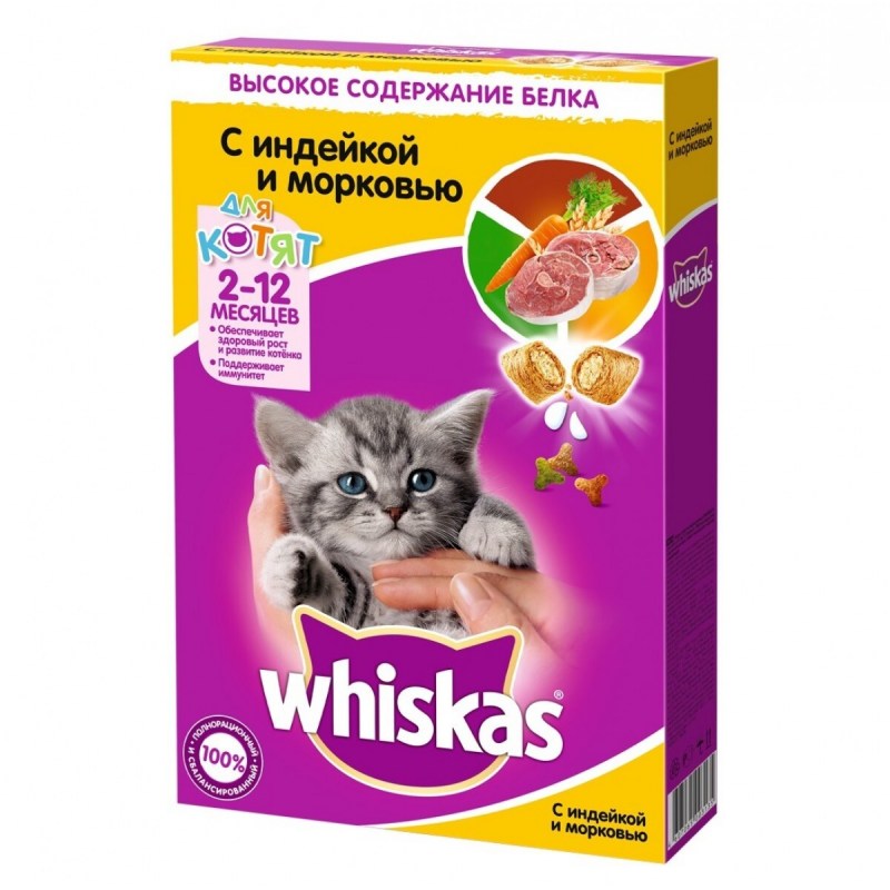 Whiskas 350гр. Корм для котят подушечки с молоком, индейка и морковь