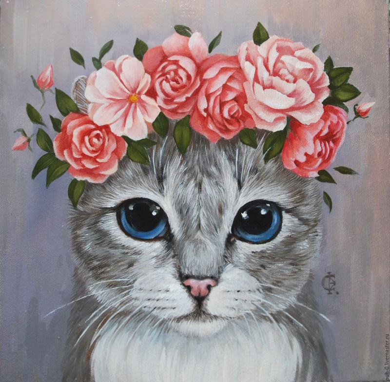 Кот в цветах арт