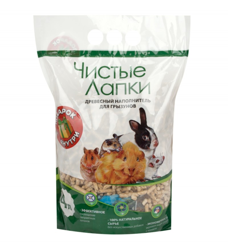 Впитывающий наполнитель чистые лапки древесный 1 кг/4 л