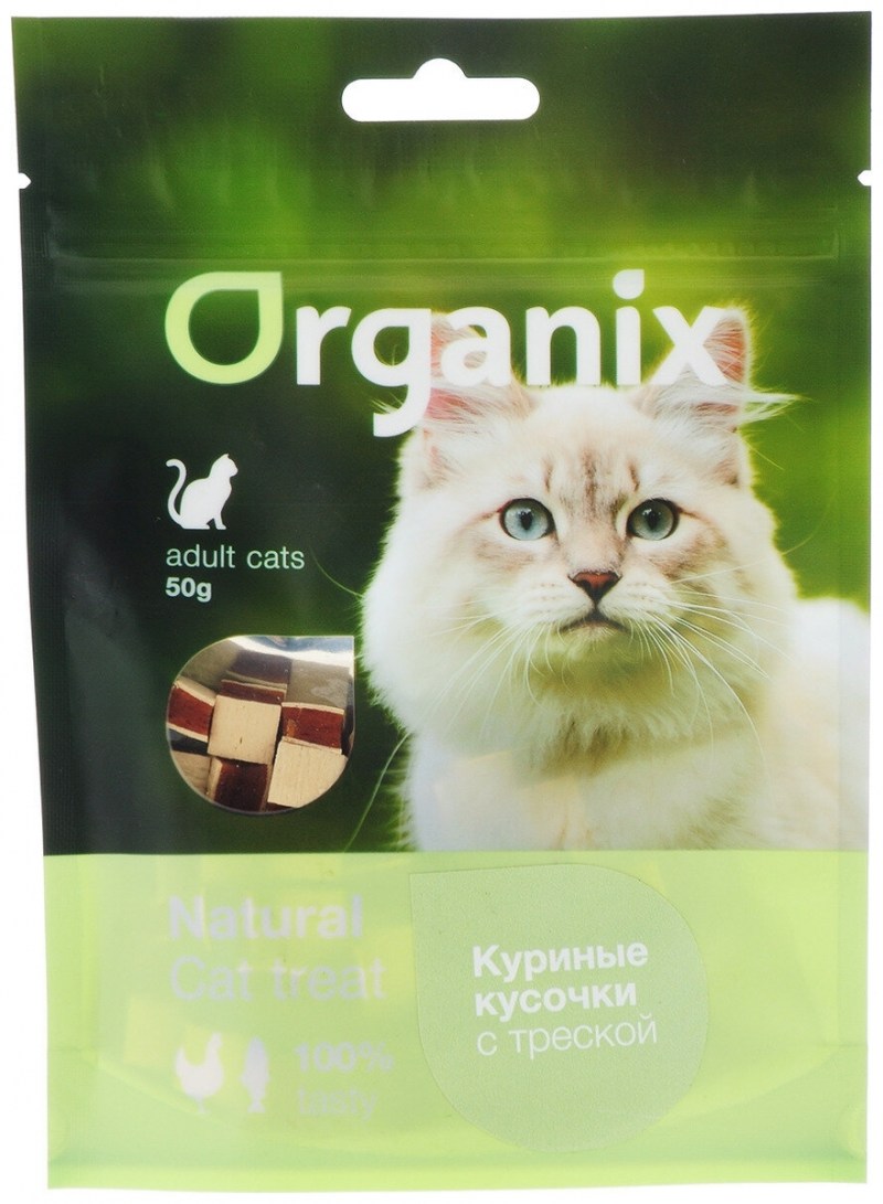 Лакомство для кошек Organix куриные кусочки с треской