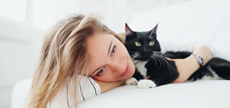 Кот лежит на девушке